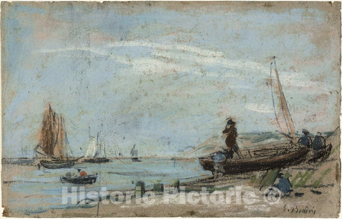 Art Print : Beach with Fishing Boats (recto); Landscape with Farmer Plowing a Field (verso), EugÃ¨ne Louis Boudin, c.1738, Vintage Wall Decor :