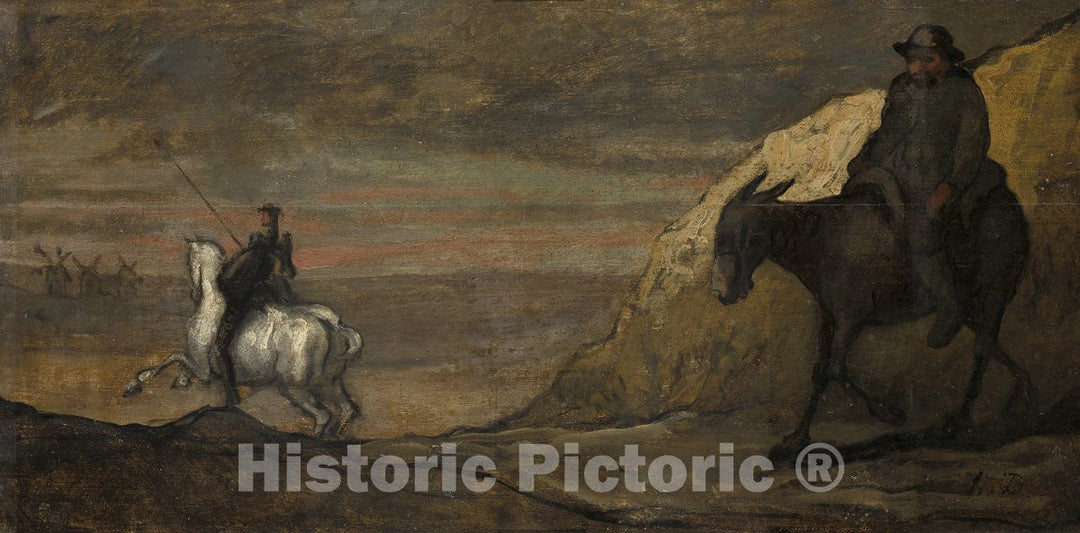 Art Print : Don Quixote and the Windmills, Style of Honore Victorin Daumier, c 1845, Vintage Wall Decor :