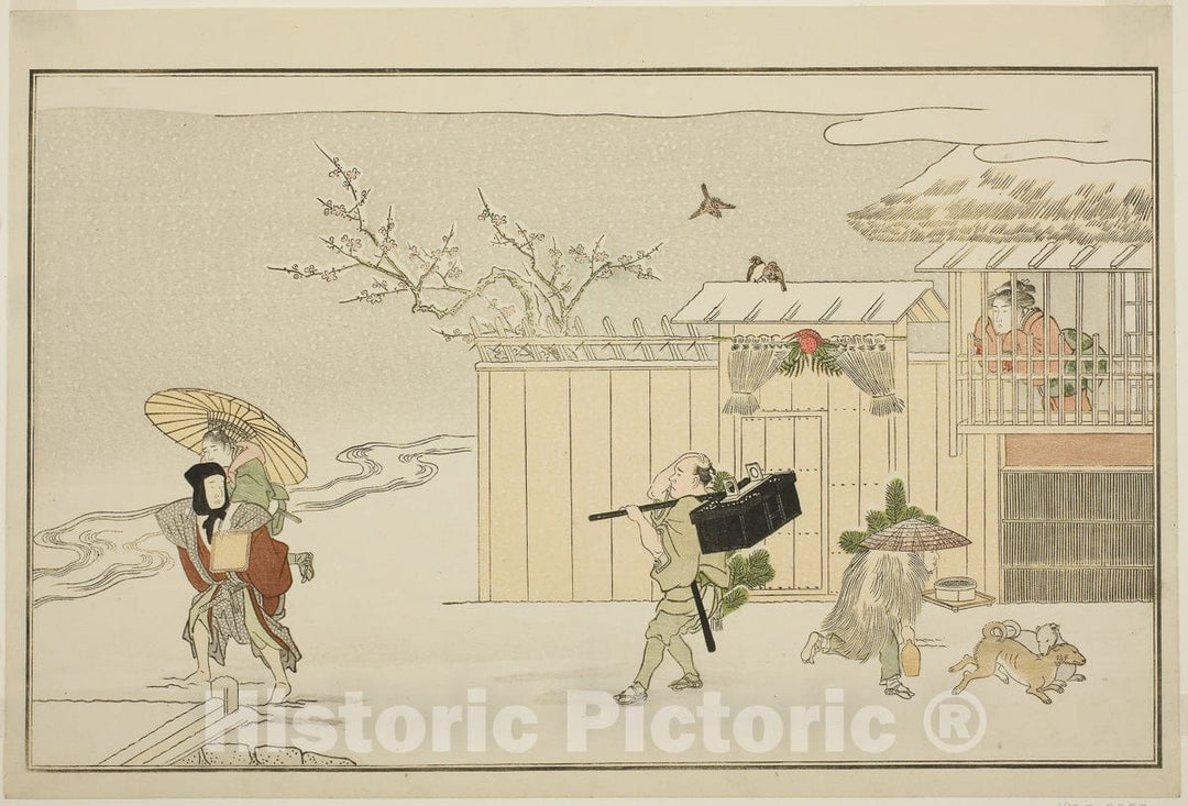 Art Print : Delivering New Year Gifts in the Snow, from the illustrated kyoka anthology "The Young God Ebisu (Waka Ebisu)", Kitagawa Utamaro, c 1789, Vintage Wall Decor :