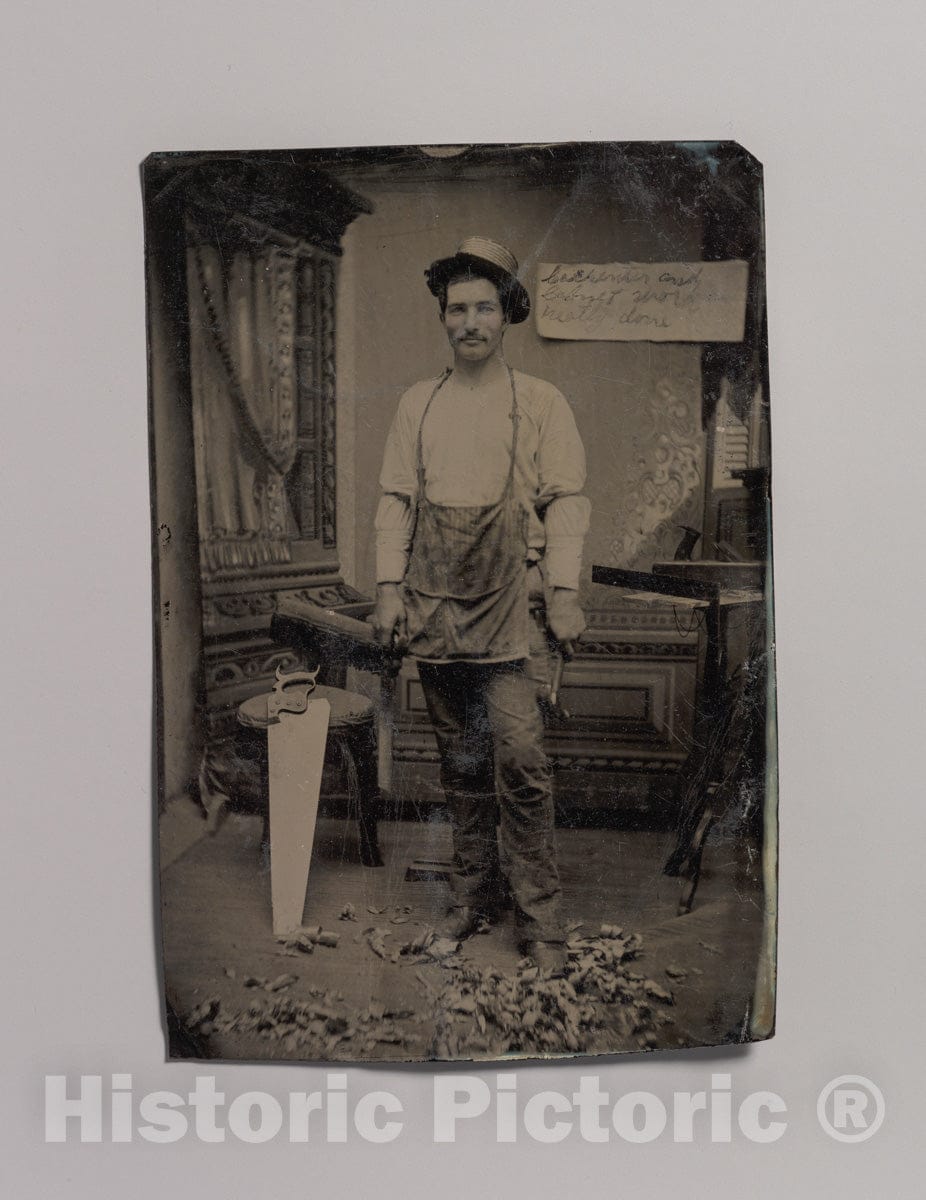 Art Print : Carpenter or Cabinetmaker Standing Before a Sign Advertising His Trade - Artist Unknown : Vintage Wall Art