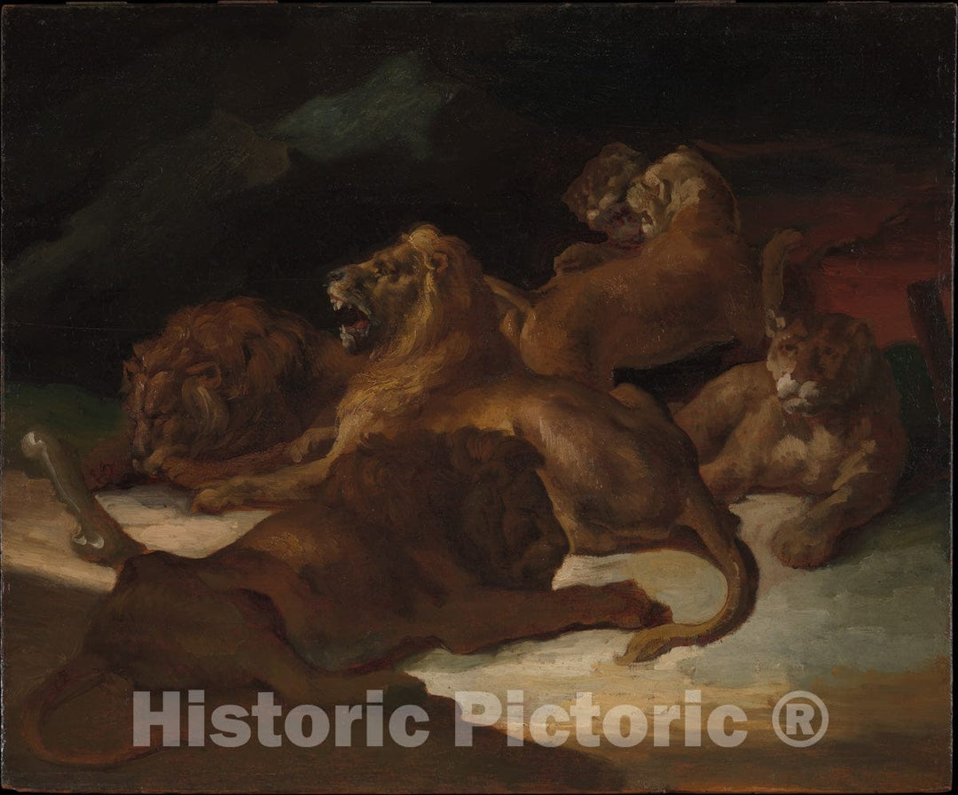 Art Print : Théodore Gericault - Lions in a Mountainous Landscape : Vintage Wall Art