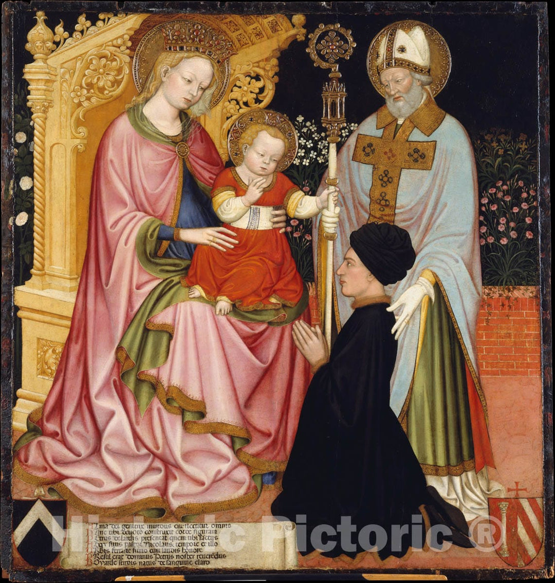 Art Print : Madonna and Child with The Donor, Pietro de' Lardi, Presented by Saint Nicholas - Artist: Master G.Z. - Created: c1420 : Vintage Wall Art