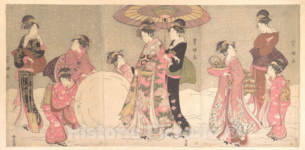 Art Print : Utagawa Toyokuni I - Courtesans and Attendants Playing in The Snow - Japan : Vintage Wall Art