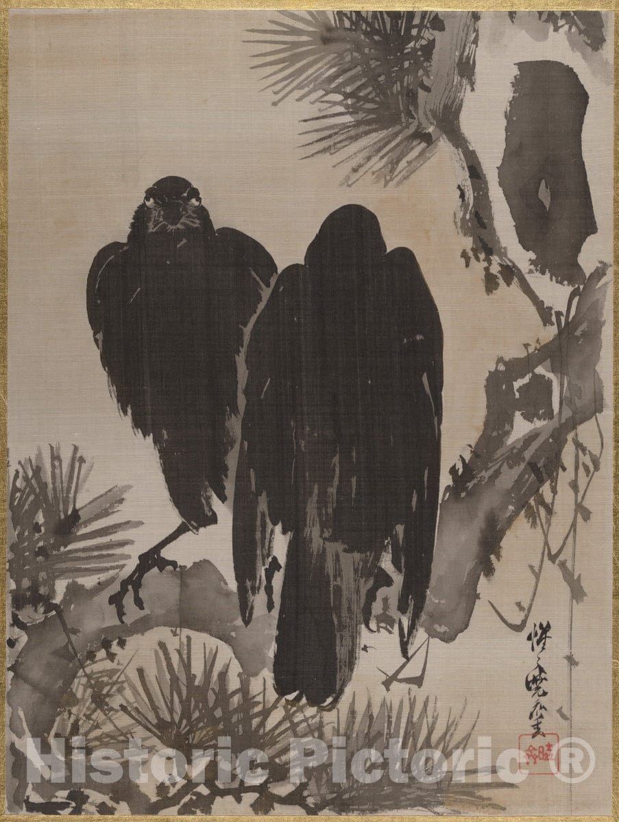 Art Print : Kawanabe Ky?sai - Two Crows on a Pine Branch - Japan : Vintage Wall Art