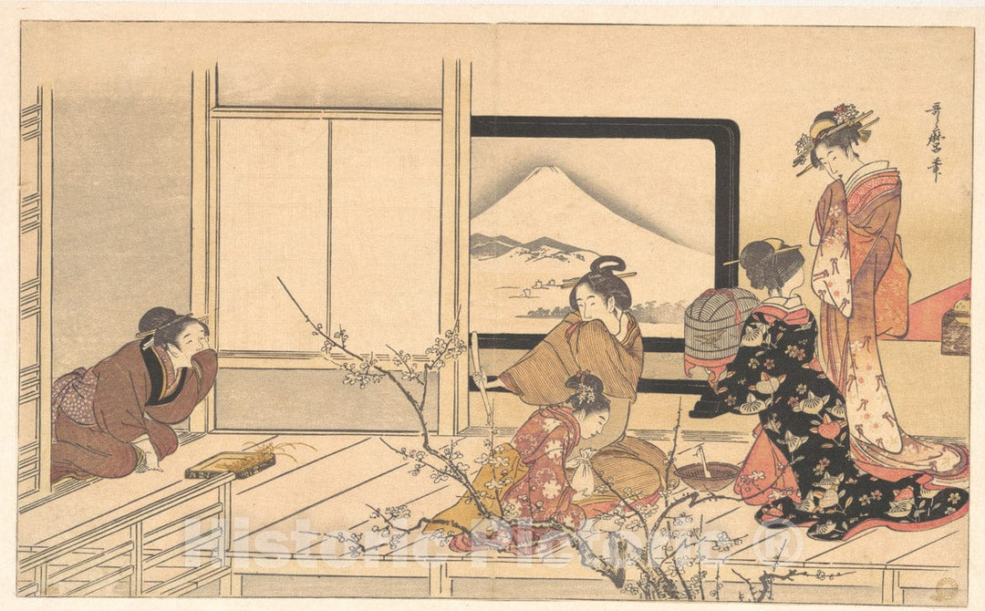 Art Print : Kitagawa Utamaro - “Preparing Food for The Warbler,” from The Album Men’s Stamping Dance (Otoko d?ka, uguisu no ESA Suri) - Japan : Vintage Wall Art