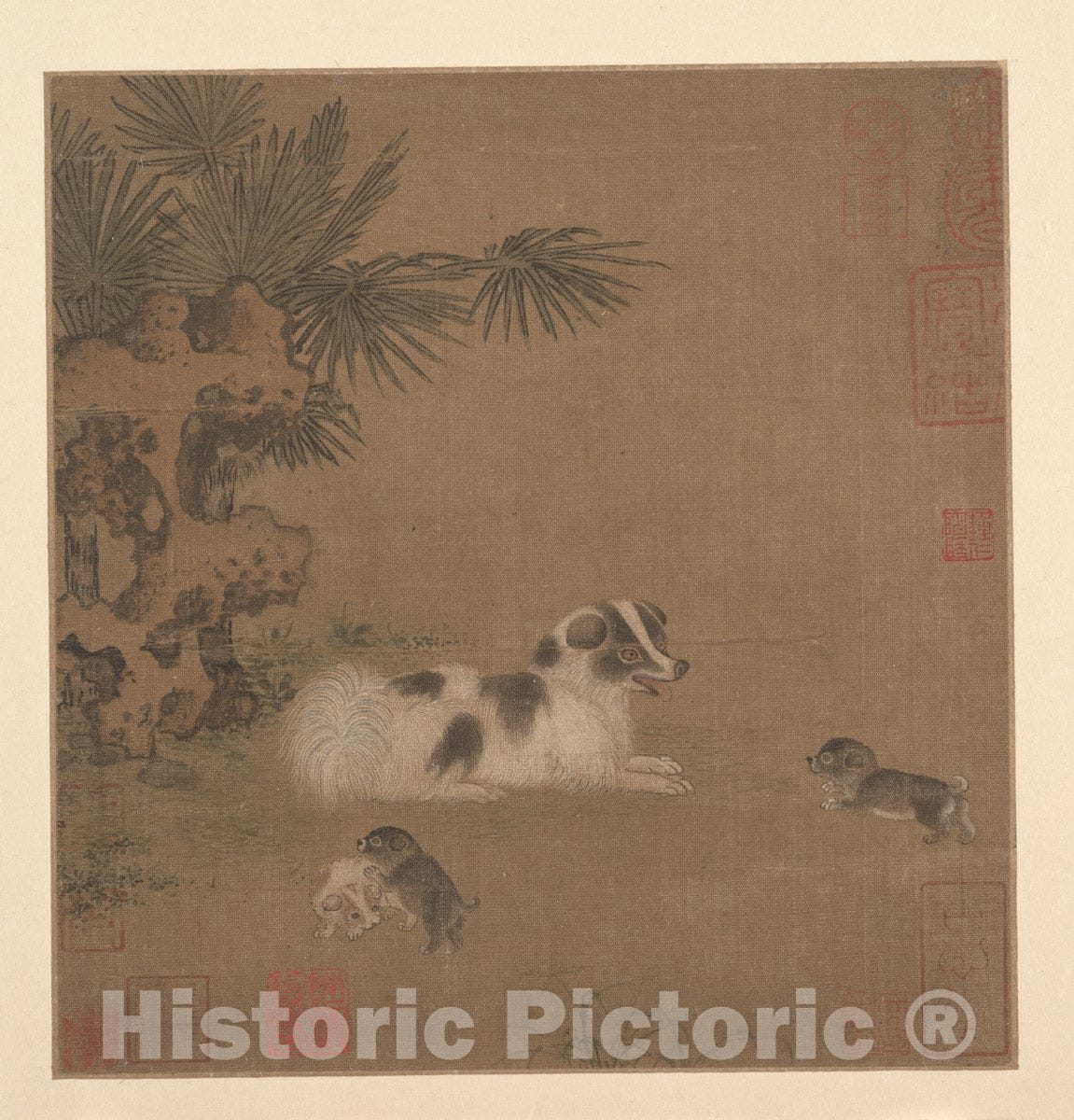 Art Print : Unidentified Artist - Puppies Playing Beside a Palm Tree and Garden Rock - China - Ming Dynasty (1368–1644) : Vintage Wall Art