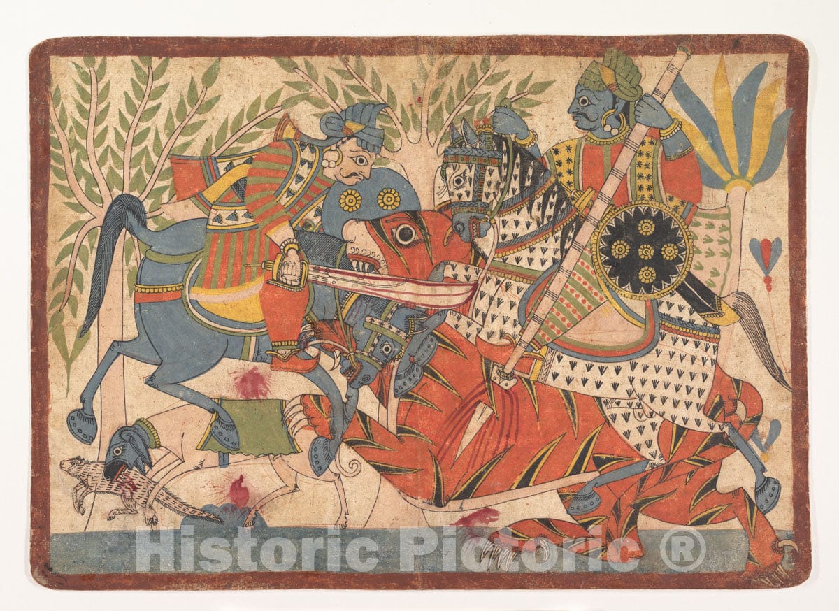 Art Print : “Harishchandra and his Minister Killing a Tiger,” folio from a Harishchandra Series : Vintage Wall Art