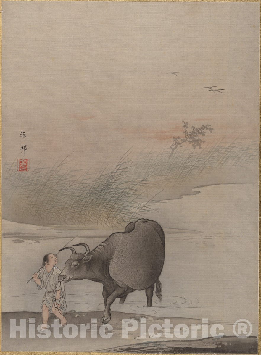 Art Print : Hashimoto Gah? - Boy with Cow at The River's Edge - Japan : Vintage Wall Art