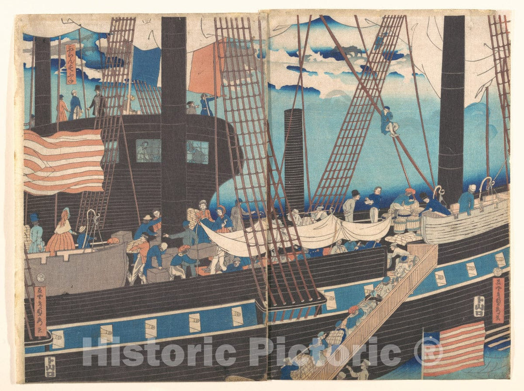 Art Print : Utagawa (Gountei) Sadahide - “Yokohama Trade: Westerners Loading Cargo” - Japan : Vintage Wall Art