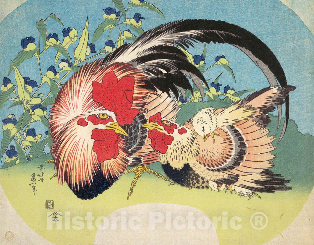 Art Print : Katsushika Hokusai - Rooster, Hen and Chicken with Spiderwort - Japan : Vintage Wall Art