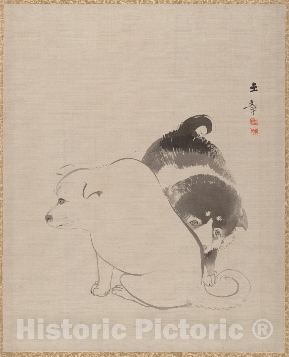 Art Print : Kawabata Gyokush? - A Pair of Puppies - Japan : Vintage Wall Art