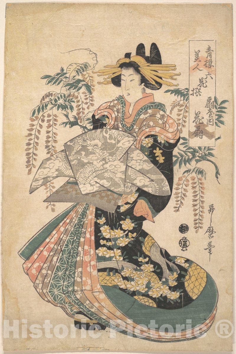 Art Print : Utamaro II - A Courtesan with Wisteria on The Background - Japan : Vintage Wall Art