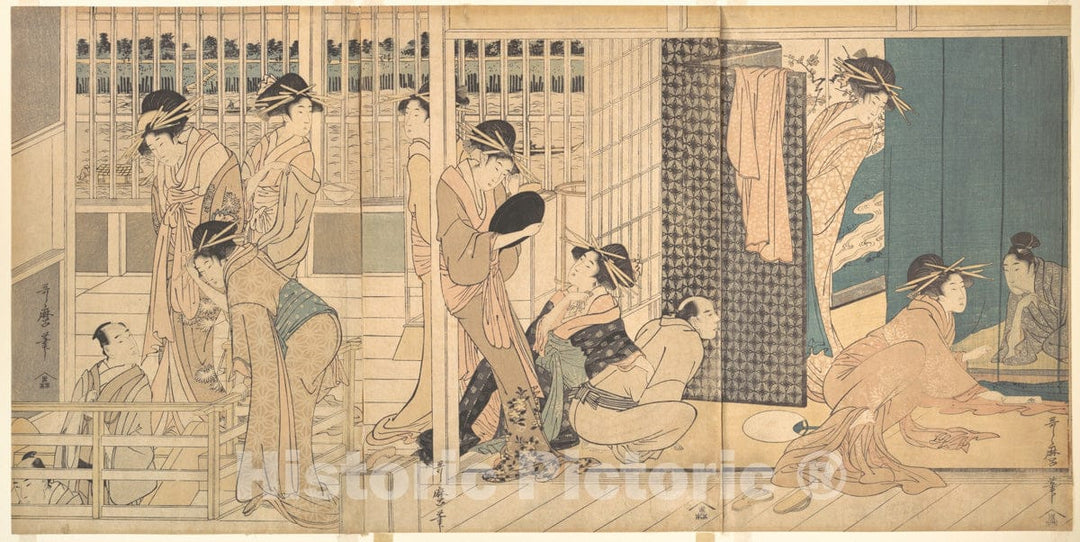 Art Print : Kitagawa Utamaro - Scene in The Yoshiwara - Japan : Vintage Wall Art