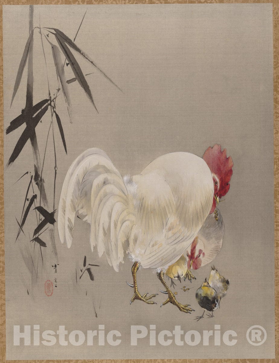 Art Print : Watanabe Seitei - Rooster and Hen with Chicks - Japan : Vintage Wall Art