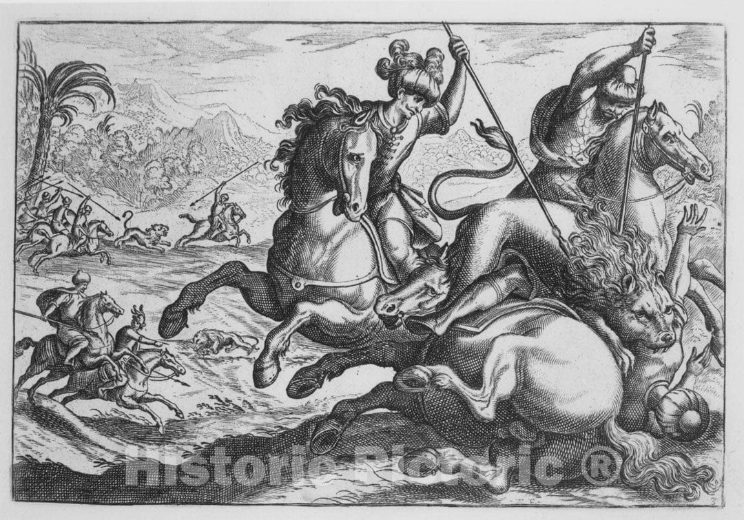 Art Print : Antonio Tempesta - Lion Hunt, from 'Hunting Scenes IV' : Vintage Wall Art