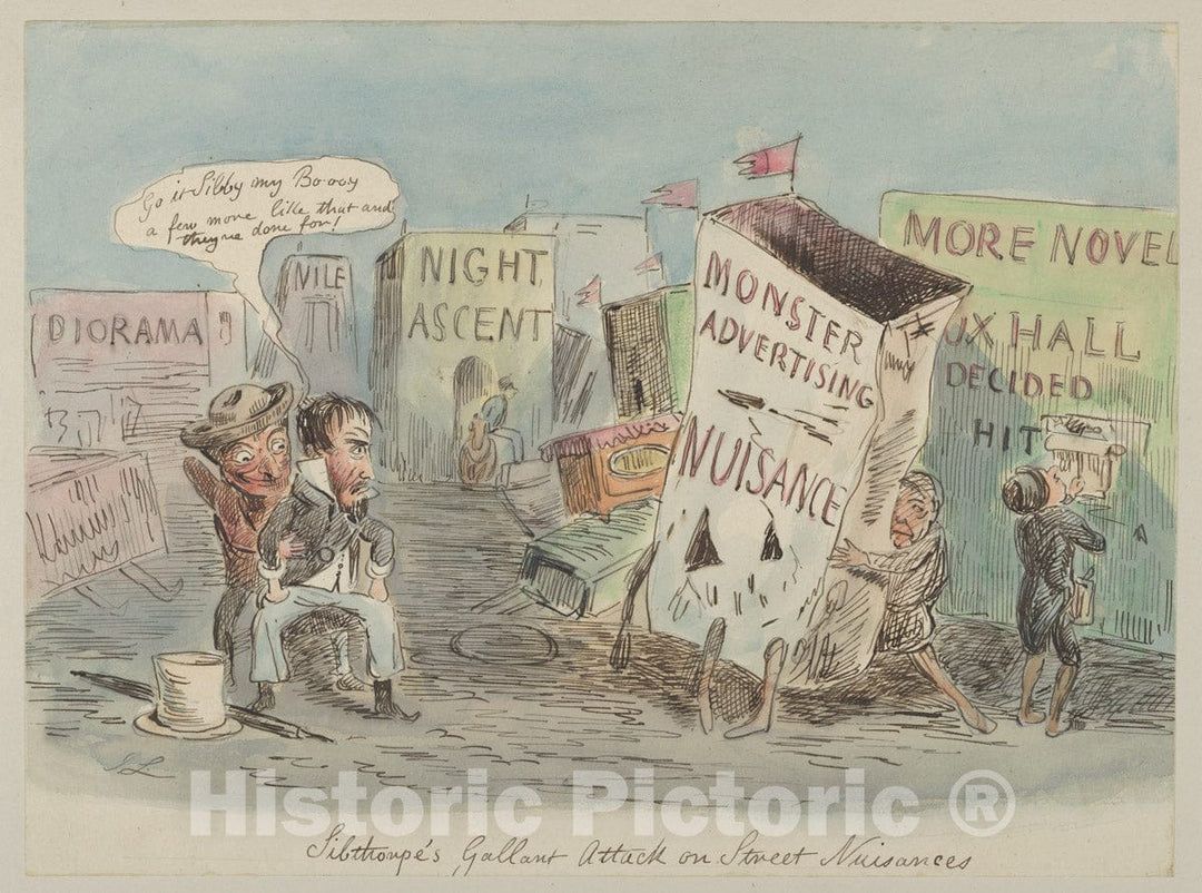 Art Print : John Leech - Lilthorpe's Gallant Attack on Street, Nuisances : Vintage Wall Art