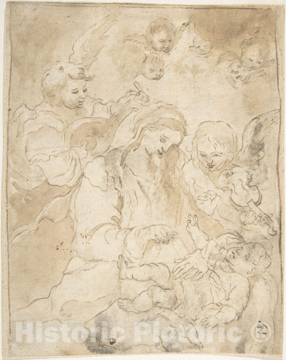 Art Print : Spanish, School of Seville, 17th Century - Madonna and Child with Angels Playing Lute and Viola da Braccio : Vintage Wall Art