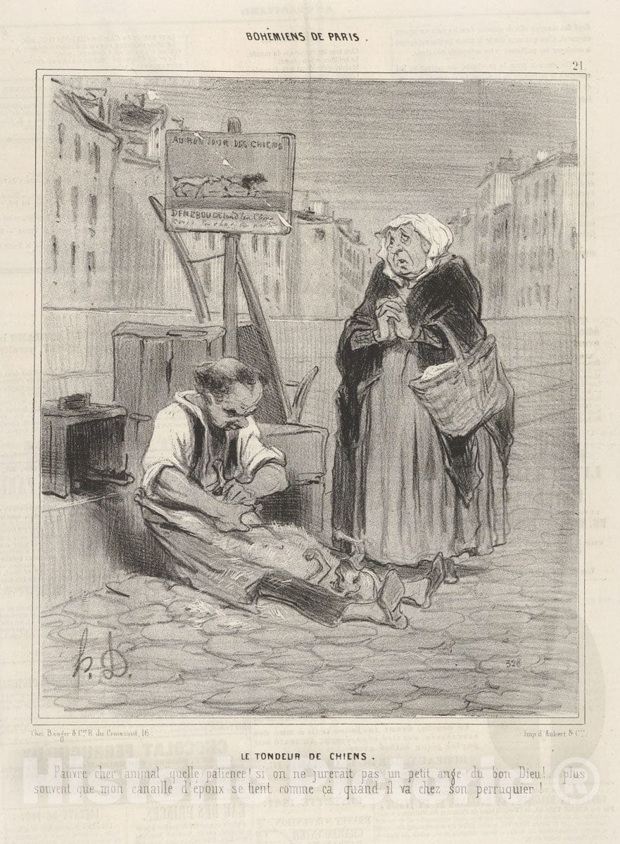 Art Print : Honoré Daumier - Le Tondeur de chiens, Plate 21 from The Series Bohémiens de Paris, published in Le Charivari : Vintage Wall Art