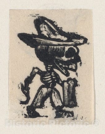 Art Print : José Guadalupe Posada - Skeleton Wearing a hat and Carrying a Towel : Vintage Wall Art