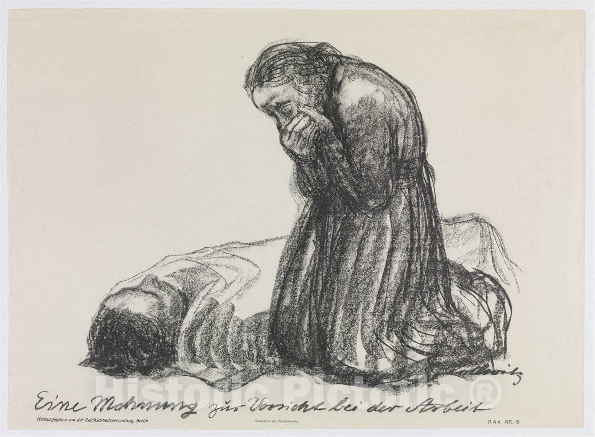 Art Print : Käthe Kollwitz - A Warning to Be Careful While Working (Eine Mahnung zur Vorsicht bei der Arbeit) : Vintage Wall Art