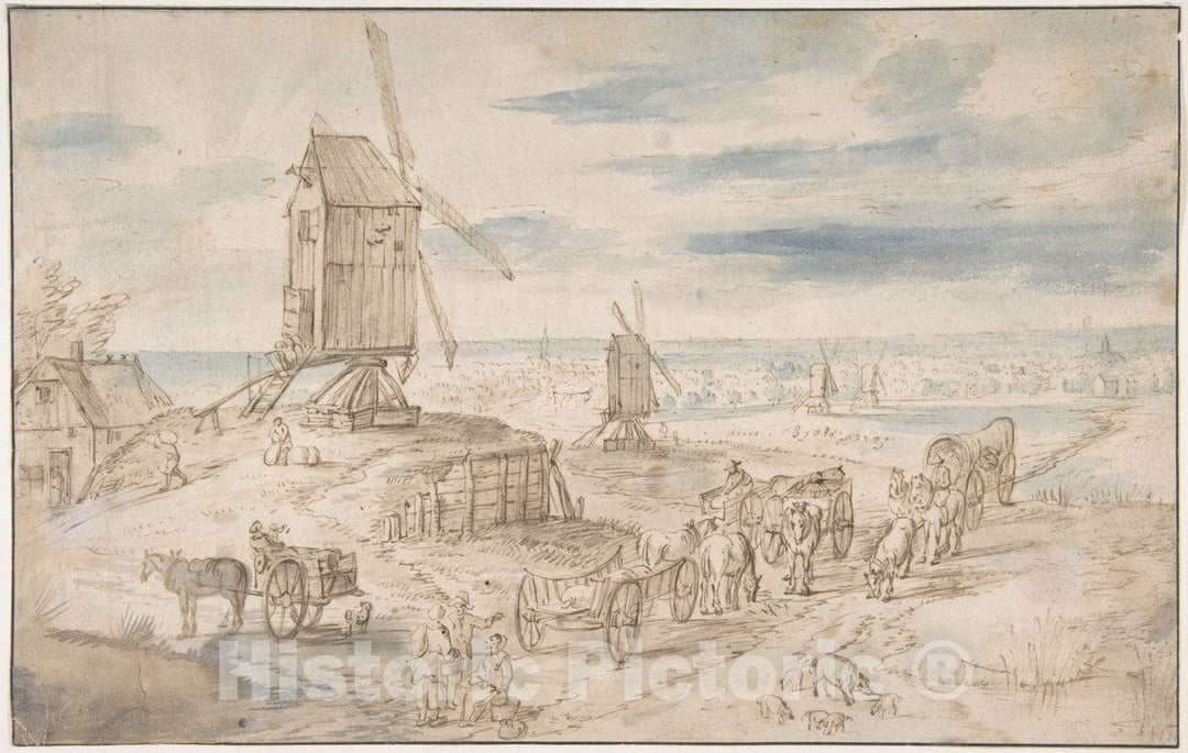 Art Print : After Jan Brueghel The Elder - Dutch Landscape with Windmills : Vintage Wall Art