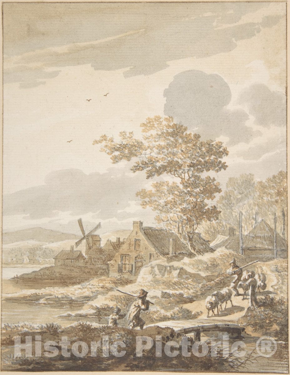 Art Print : Dutch, 18th Century - Landscape with Windmill : Vintage Wall Art