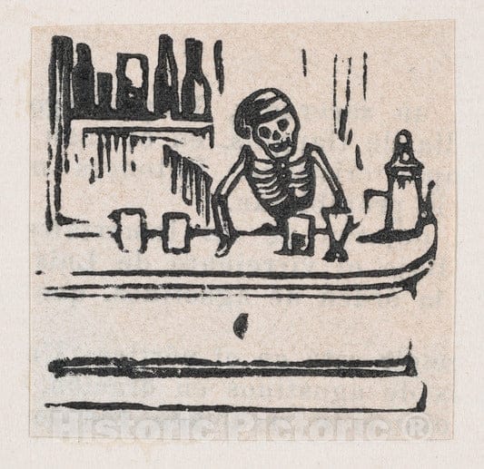 Art Print : José Guadalupe Posada - A Skeleton Serving Alcohol, from a Broadside enitled 'Medicinas de Patente de mas FAMA' : Vintage Wall Art