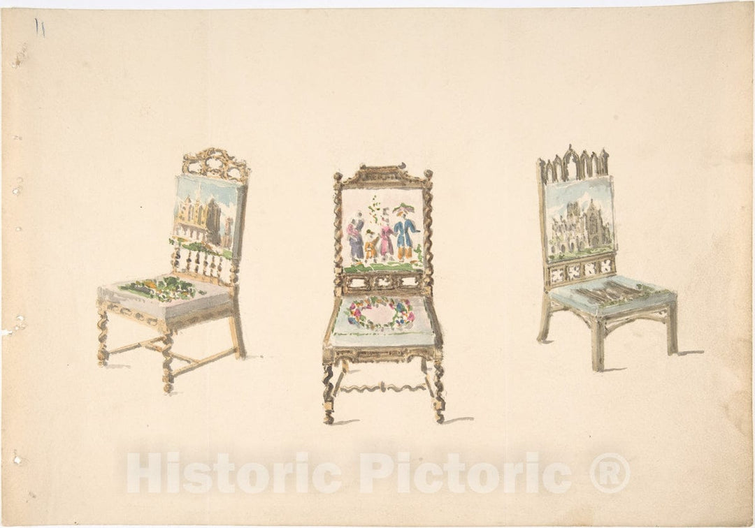 Art Print : British, 19th Century - Design for Three Chairs with Pictorial Upholstery : Vintage Wall Art