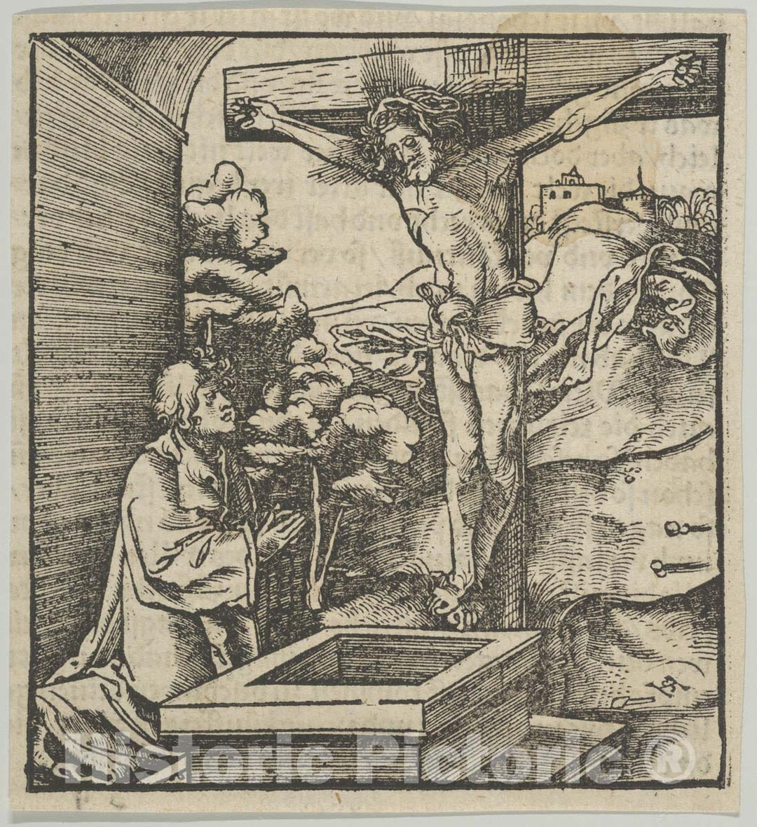 Art Print : Hans Schäufelein - A Man Praying Before a Crucifix, from Hymmelwagen auff dem, wer WOL lebt. : Vintage Wall Art