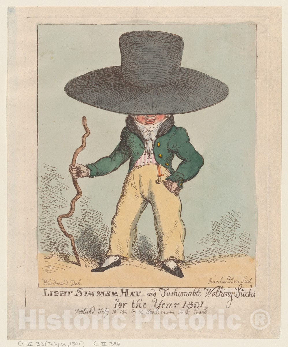 Art Print : Thomas Rowlandson - Light Summer Hat and Fashionable Walking Sticks for The Year 1801 : Vintage Wall Art