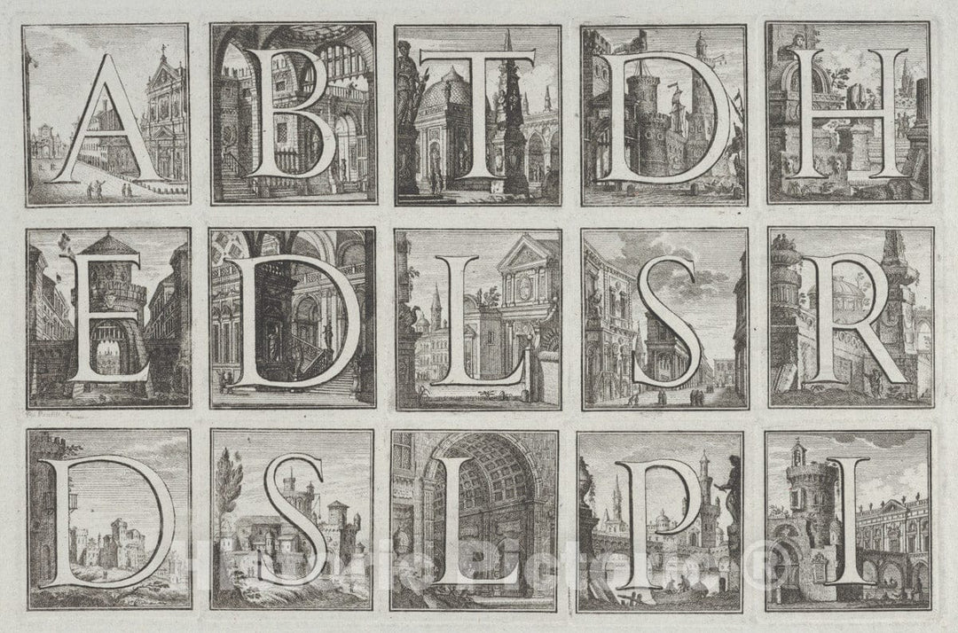 Art Print : Pio Panfili - Roman Alphabet Against Architectural Backgrounds, from G. P. Zanotti's Il Claustro di San Michele in Bosco di Bologna : Vintage Wall Art