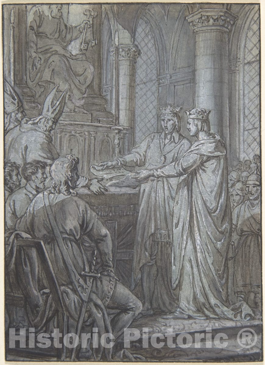 Art Print : Nicolas Lejeune - Louis III et Carloman donnent aux eveques du Royaume l'assurance de leur Fidelite en 882 : Vintage Wall Art