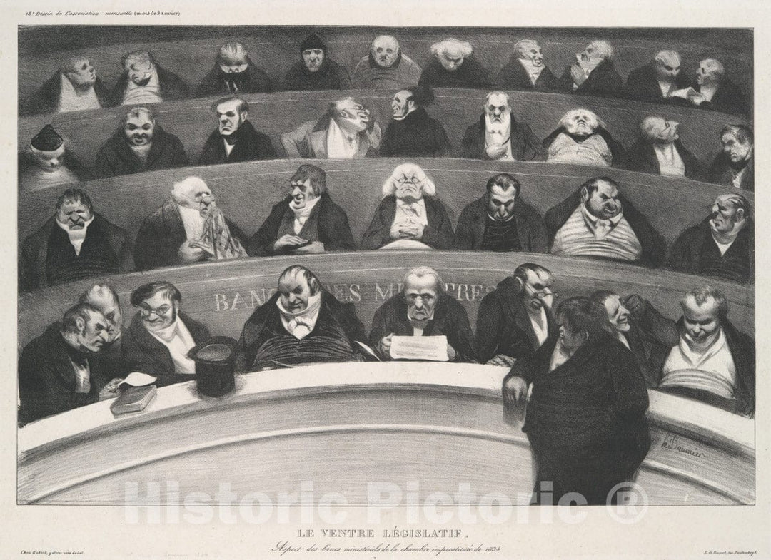 Art Print : Honoré Daumier - Le Ventre législatif: Aspect des bancs ministériels de la Chambre improstituée de 1834 : Vintage Wall Art