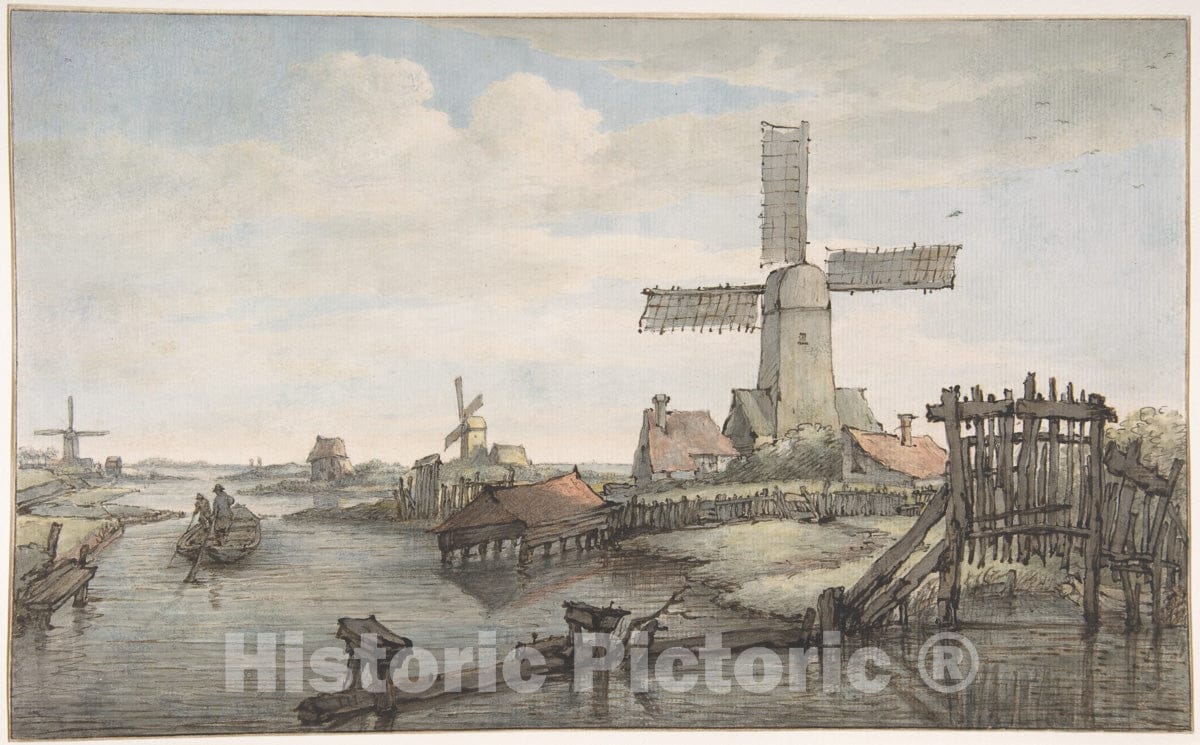 Art Print : Jan Hulswit - View of a Canal with Three Windmills : Vintage Wall Art