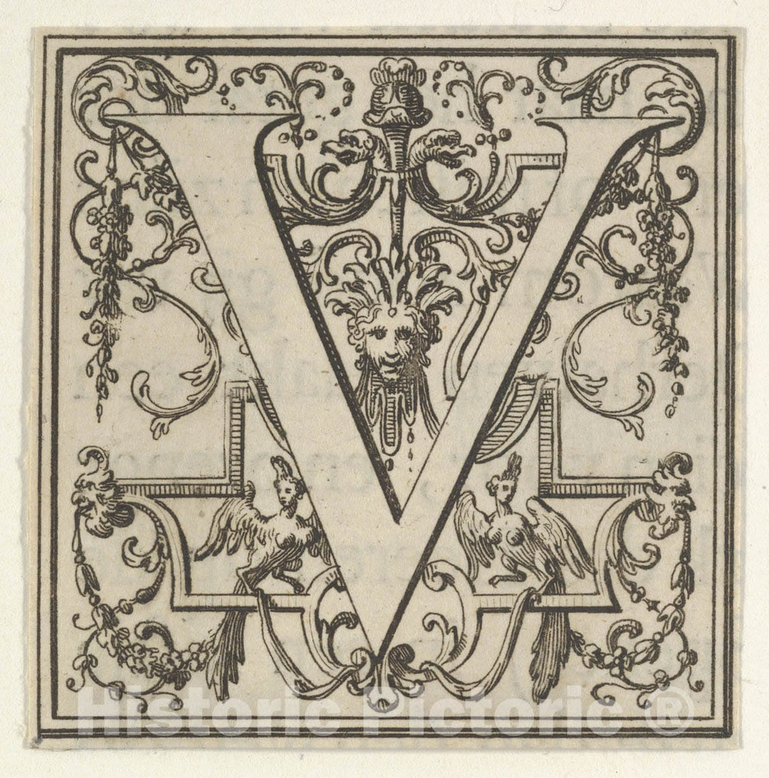 Art Print : Bernard Picart - Roman Alphabet Letter V with Louis XIV Decoration : Vintage Wall Art