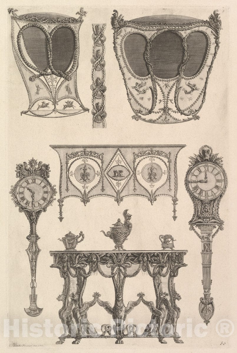 Art Print : A Sedan Chair, a Coach, a Commode, a Side Table and Two Clocks - Artist: Giovanni Battista Piranesi - Created: c1769 : Vintage Wall Art