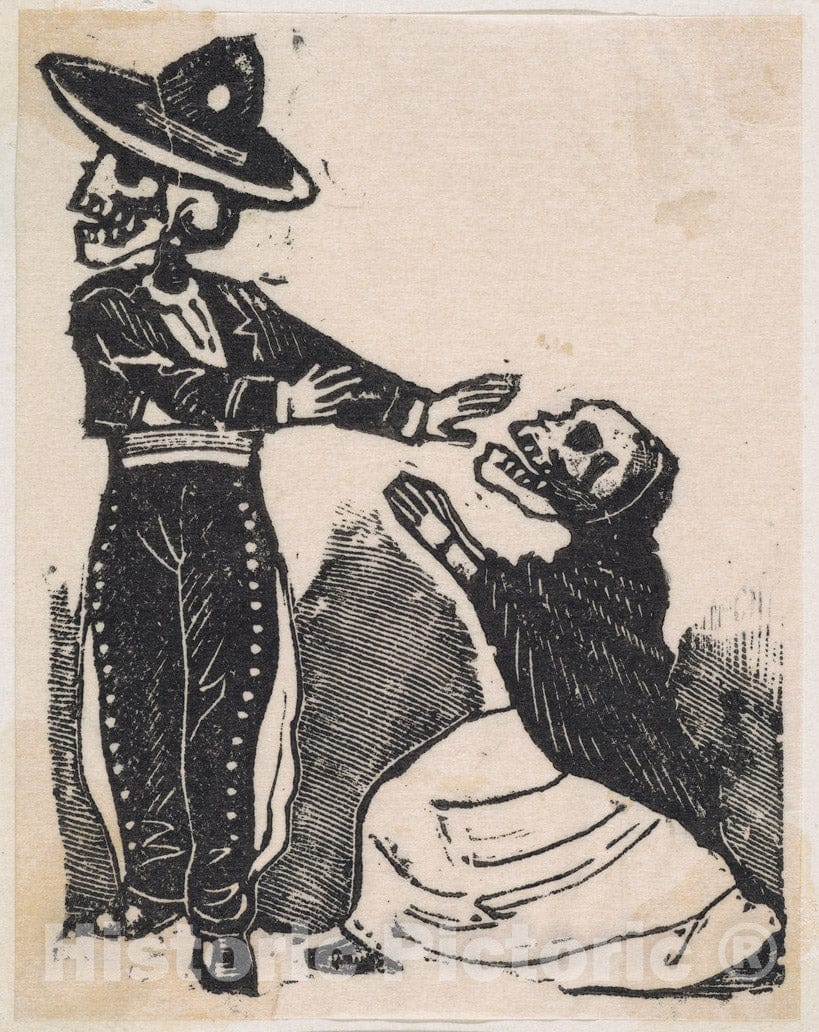 Art Print : A Skeleton in a torero Costume Turning Away from a Kneeling Skeleton in a Shawl and Dress - Artist: Jose Guadalupe Posada - Created: c1880 : Vintage Wall Art