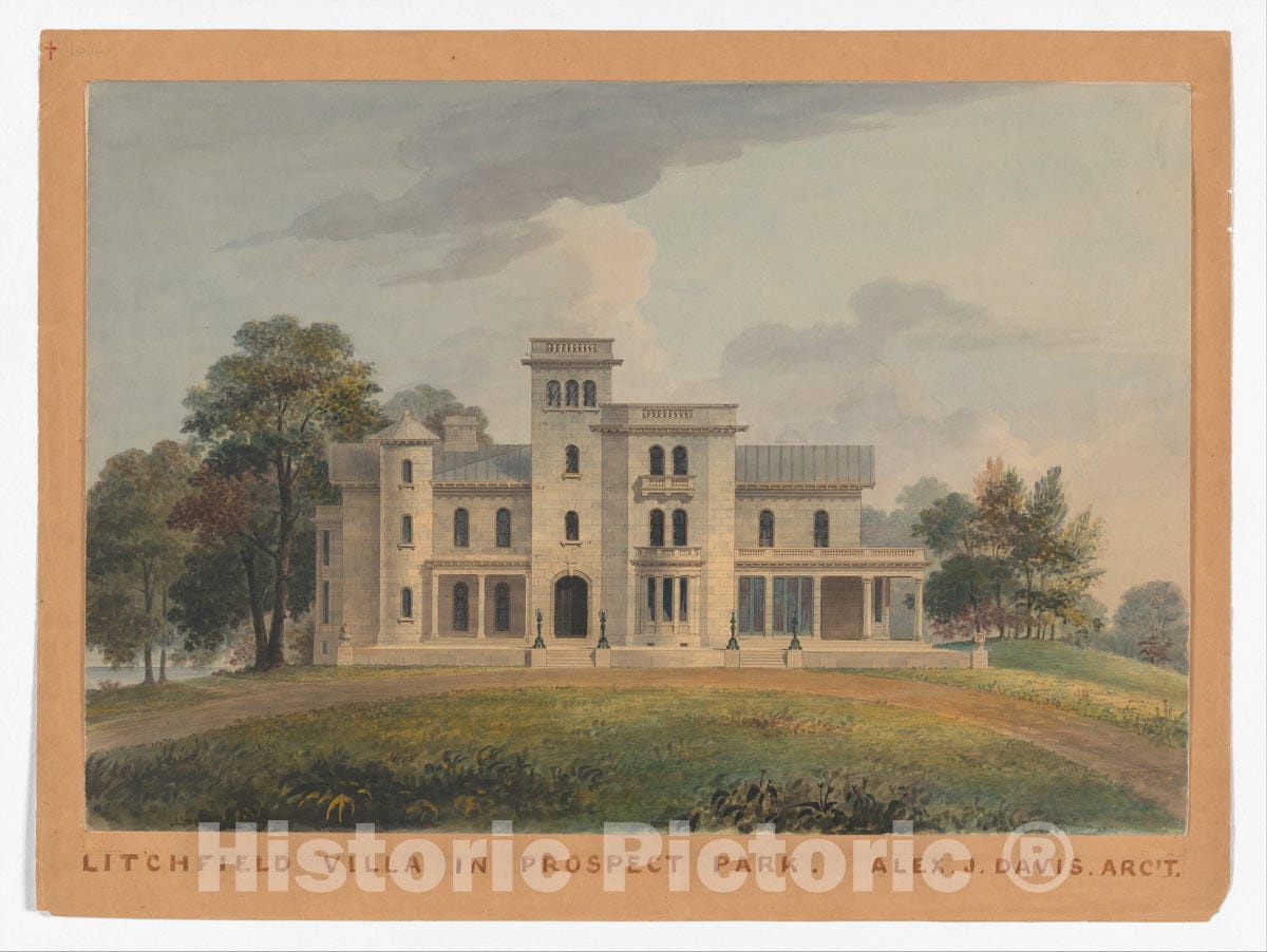 Art Print : Alexander Jackson Davis - Grace Hill for Edwin C. Litchfield, Brooklyn, New York (Front Elevation) : Vintage Wall Art