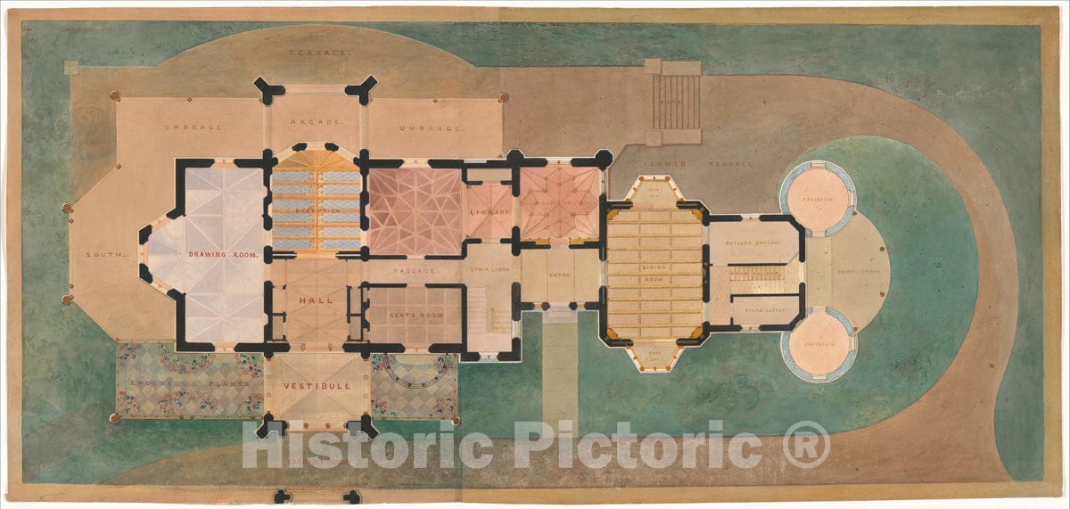 Art Print : Alexander Jackson Davis - Lyndhurst for George Merritt, Tarrytown, New York (First Floor Plan) : Vintage Wall Art