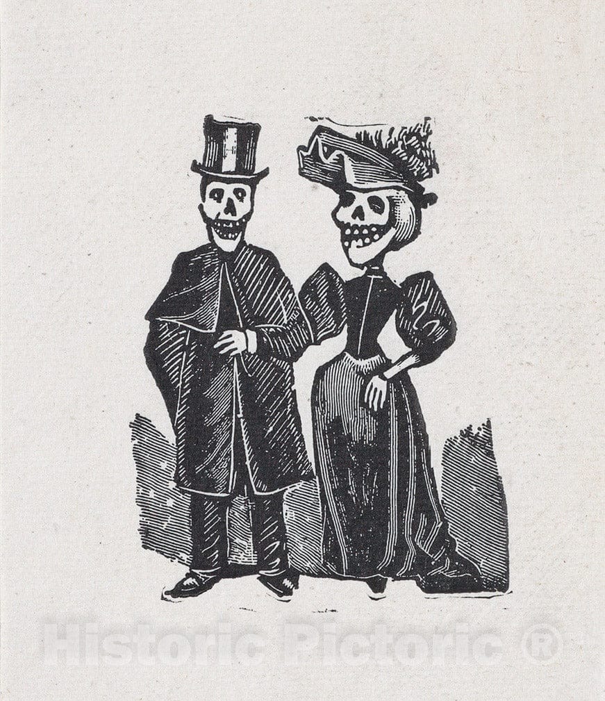 Art Print : Two Elegantly Dressed Skeletons Walking - Artist: Jose Guadalupe Posada - Created: c1880 1 : Vintage Wall Art