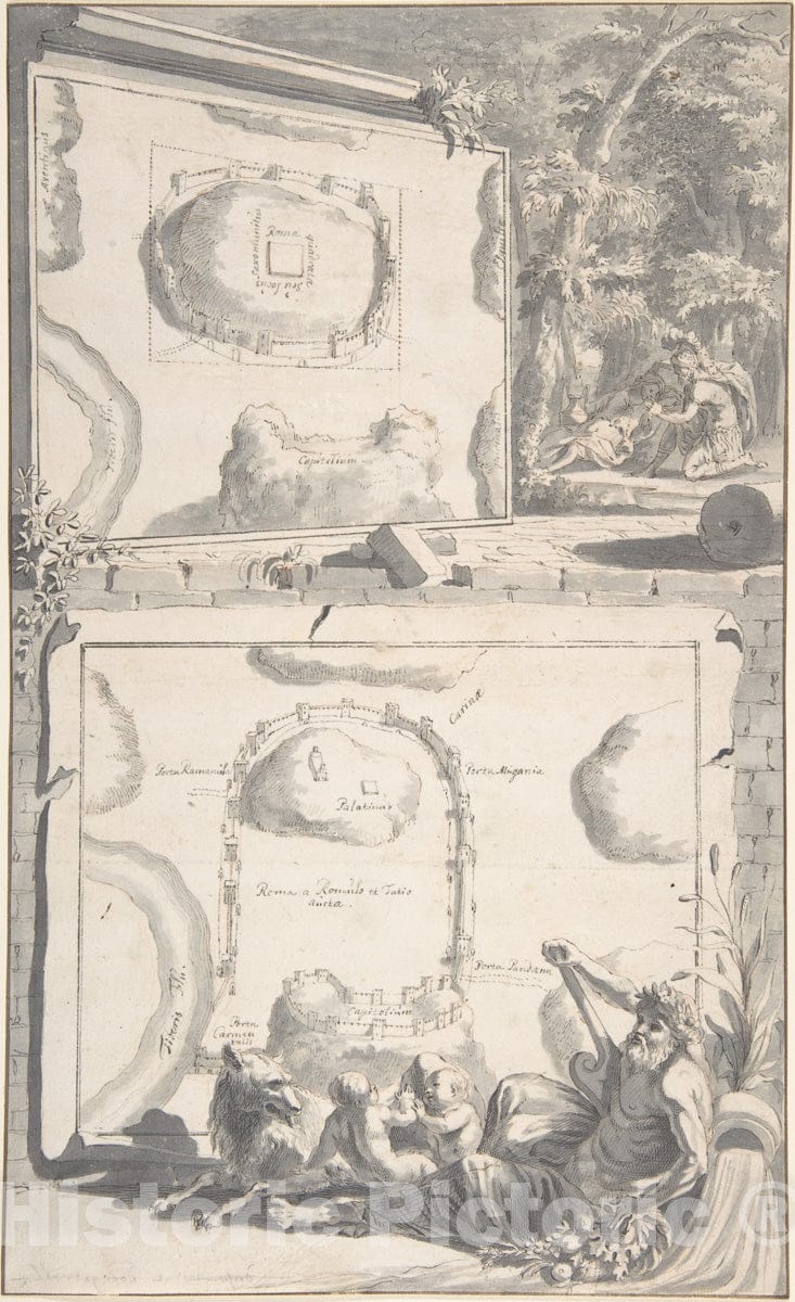 Art Print : Jan Goeree - Two Maps of Ancient Rome with a River God and Romulus and Remus : Vintage Wall Art