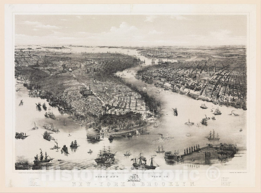 Art Print : John Bachmann - Bird's Eye View of New York and Brooklyn : Vintage Wall Art