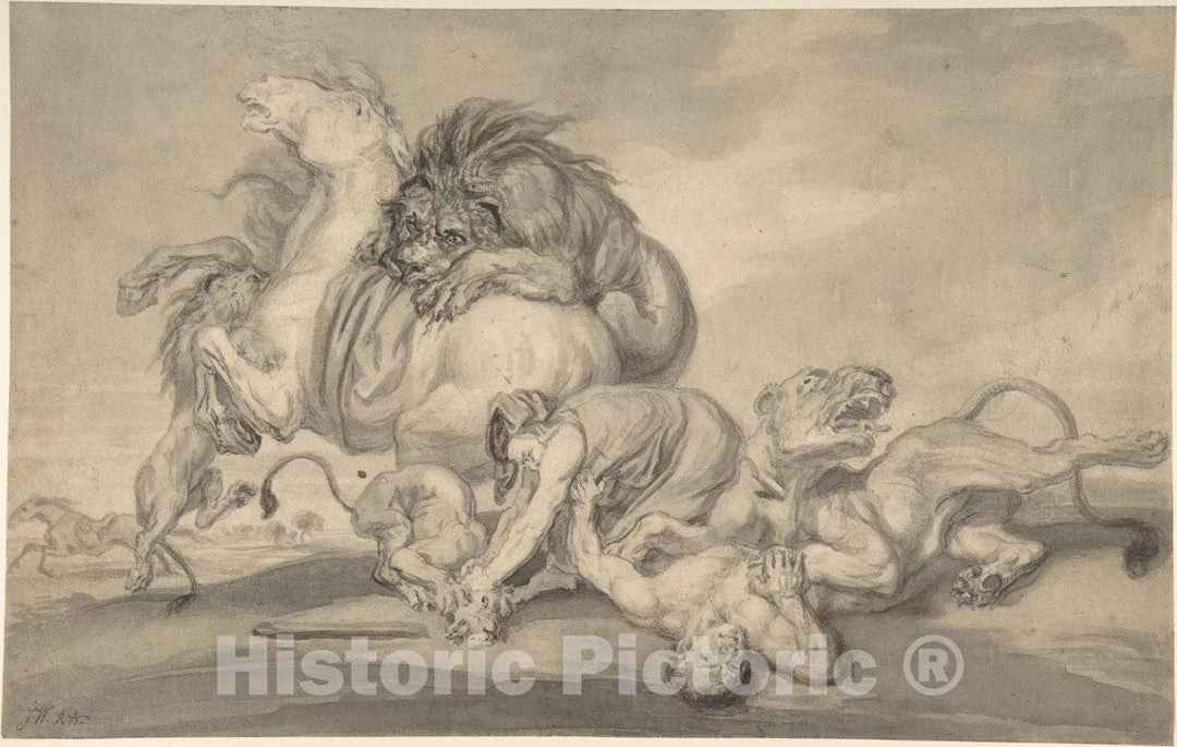 Art Print : James Ward - Lions Attacking Two Men and a Horse : Vintage Wall Art