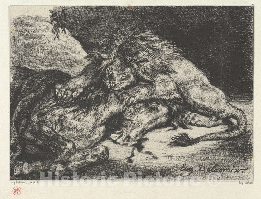 Art Print : Eugène Delacroix - Lion Devouring a Horse : Vintage Wall Art