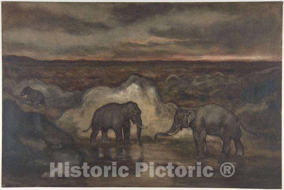 Art Print : Antoine-Louis Barye - Elephants by a Pool : Vintage Wall Art