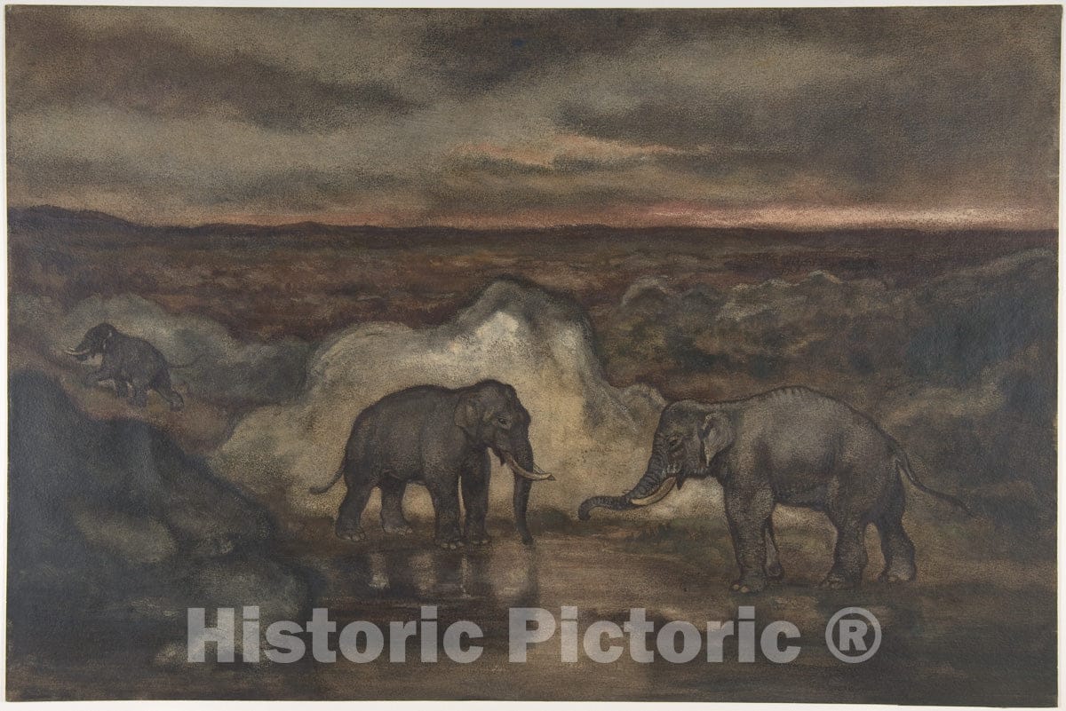 Art Print : Antoine-Louis Barye - Elephants by a Pool : Vintage Wall Art