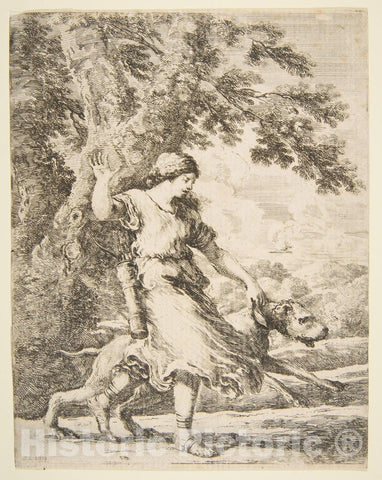 Art Print : Stefano Della Bella, Nymph Holding a Large Dog by a Collar - Vintage Wall Art