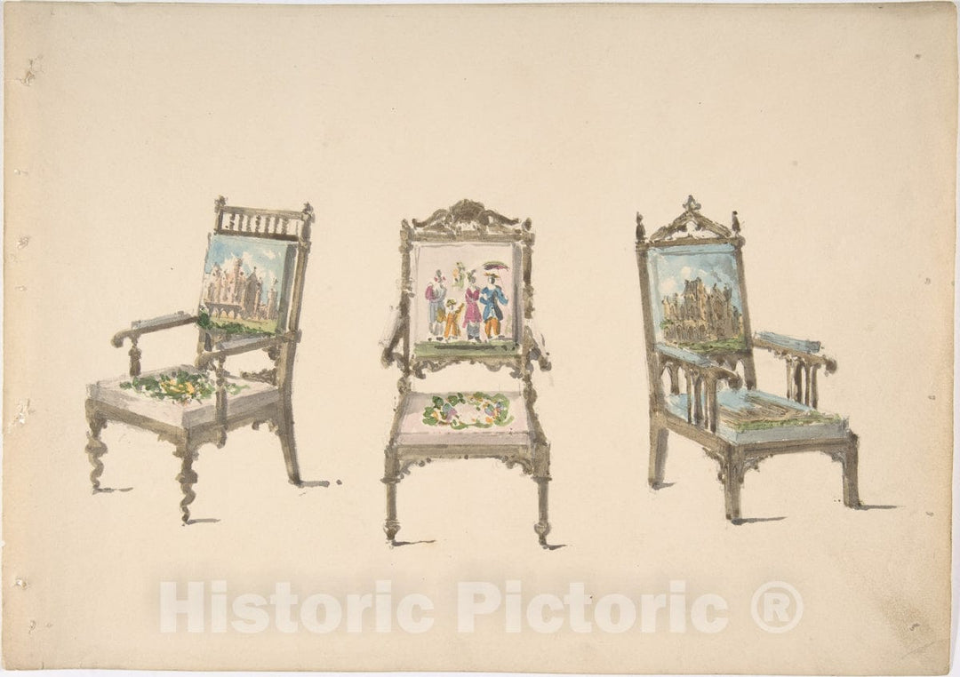 Art Print : British, 19th Century - Design for Three Armchairs with Pictorial Upholstery : Vintage Wall Art