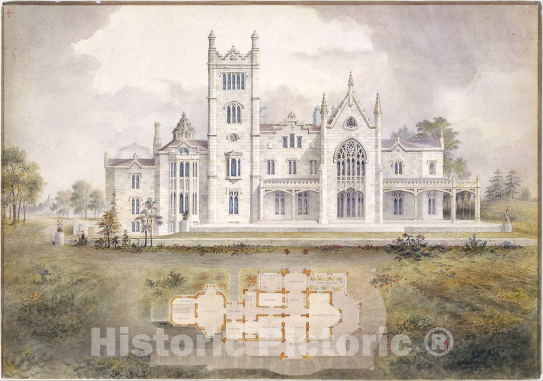 Art Print : Alexander Jackson Davis - Lyndhurst for George Merritt, Tarrytown, New York (west Rear Elevation and Plan) : Vintage Wall Art