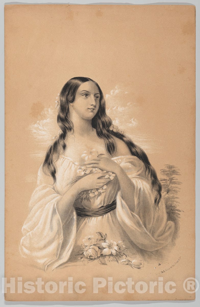 Art Print :  Woman Holding Flowers - Artist: W. H. Graham - 1847 : Vintage Wall Art